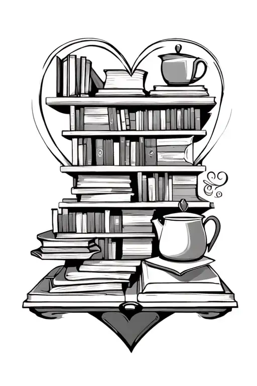 A detailed illustration of a heart-shaped bookshelf filled with books and a coffee pot, symbolizing the joy of reading and coffee tattoo design idea