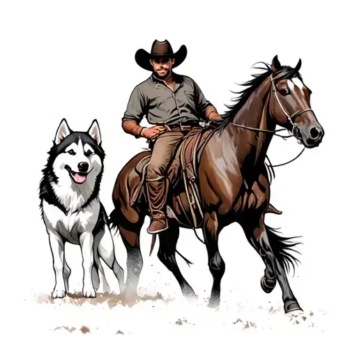 cowboy on brown horse white horse next to him with white husky and german shapard  mountain view bull rider bronc rider tattoo design idea