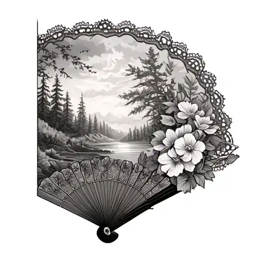 fan with lace and flowers, inside artistic Canadian landscape on left abdomen and hip area tattoo design idea