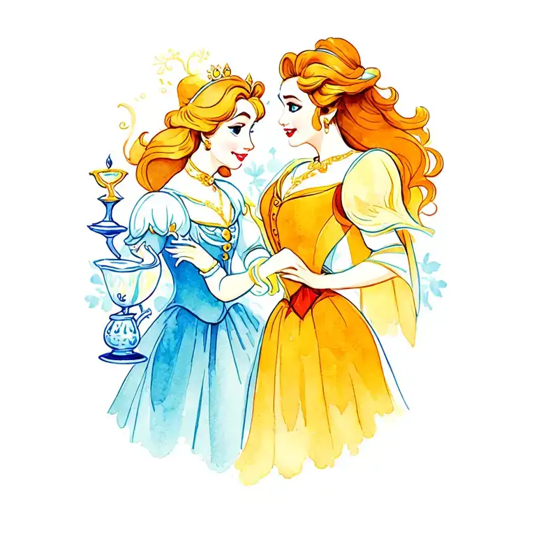 featuring enchanted characters from Beauty and the Beast (Cogsworth, Lumière, Mrs. Potts, and Chip) surrounding the ench tattoo design idea