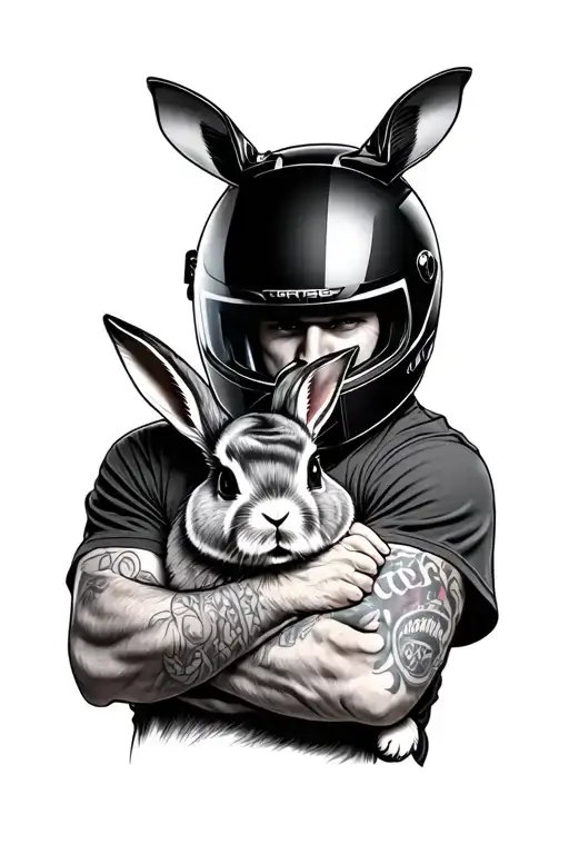 A man wearing a motorcycle helmet and hugging a rabbit. tattoo design idea