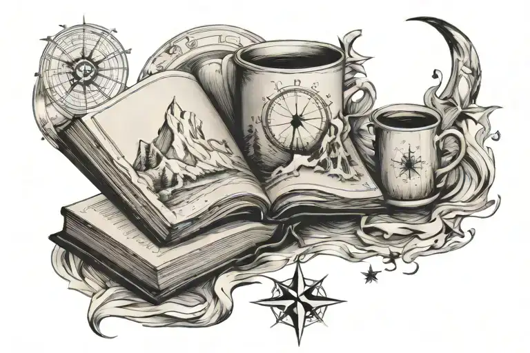 tattered open book, vintage compass, mountains rising out book , large coffee mug, crescent moon and stars tattoo design idea