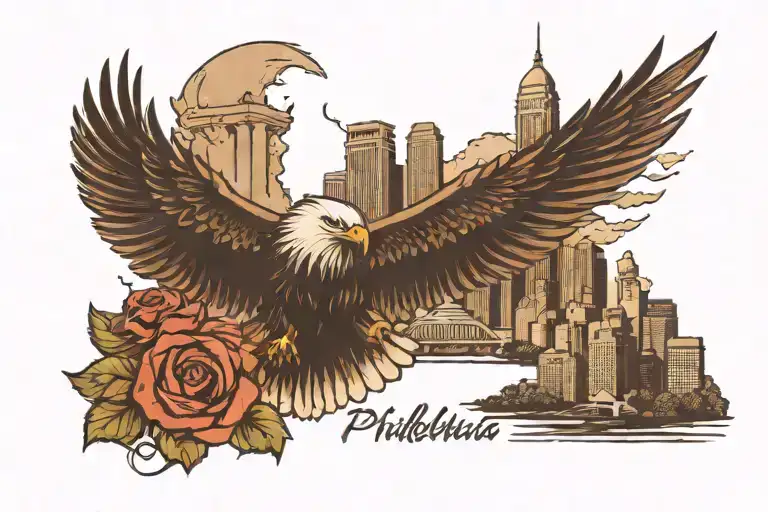 philadelohia skyline with an eagle soaring tattoo design idea