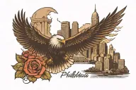 philadelohia skyline with an eagle soaring tattoo design idea
