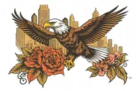 philadelohia skyline with an eagle soaring tattoo design idea