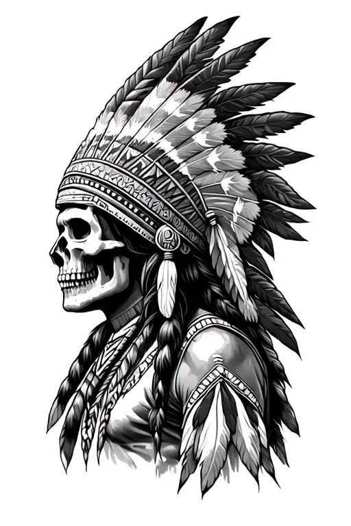 cherokee indian, half flesh, half skull, full headdress, rolling mountains tattoo design idea