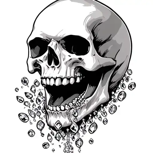 skull with open mouth with jewels coming out of the mouth.  tattoo design idea