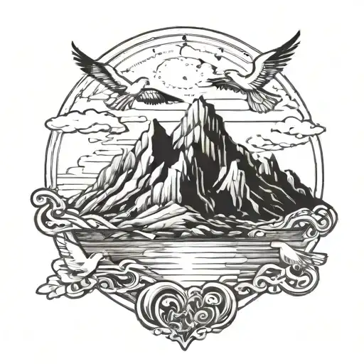 mountain with sea below it and the three crosses on top with doves flying above  tattoo design idea
