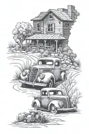 1939 ford pickup in foreground on hilltop, farm house in background tattoo design idea