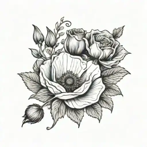 A fine line tattoo bouquet of flowers featuring a poppy a rose a August birth flower, and a April birth flower with stem tattoo design idea