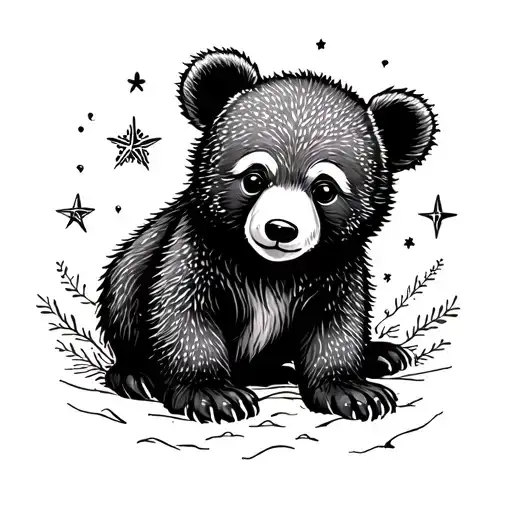 cute bear cub with north star tattoo design idea