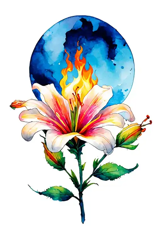 Blossom flowers instead of the Lilly. Want the blossoms on fire to represent Aries zodiac sign. tattoo design idea