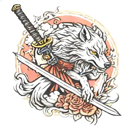 wolf with katana sword tattoo design idea