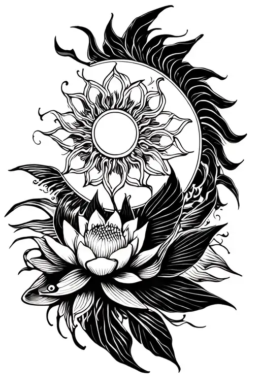 Sun, Fish and Lotus flower intertwined tattoo design idea