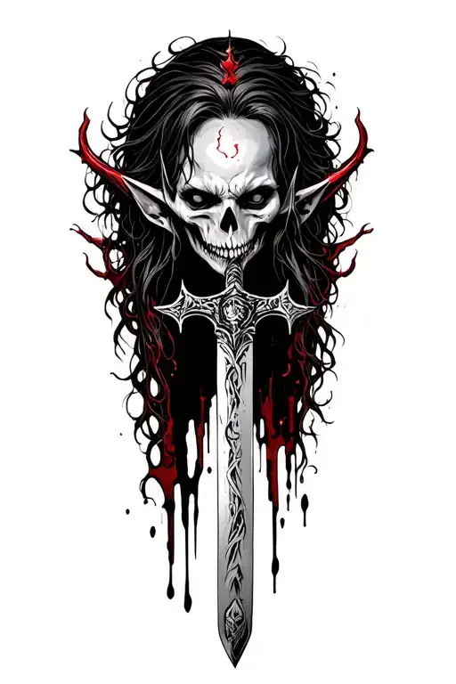 long dagger behind the dark, covered blood, elf, mistic, dead head tattoo design idea