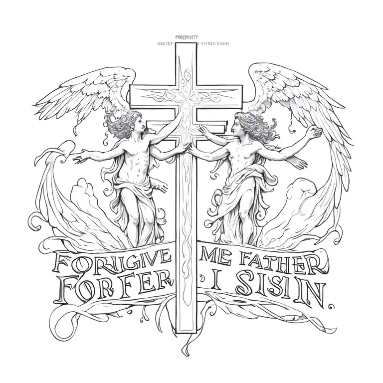 A cross in the middle with angels on one side and demons on the other with the phrase "Forgive Me Father For I Sin"  tattoo design idea
