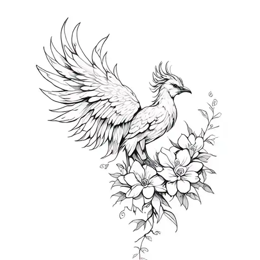 feminine phoenix with jasmine flower growing tattoo design idea