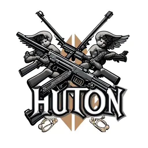 name written - huxton with 2 cupids  one at end end on the name,with machine gun and ak47 one each tattoo design idea