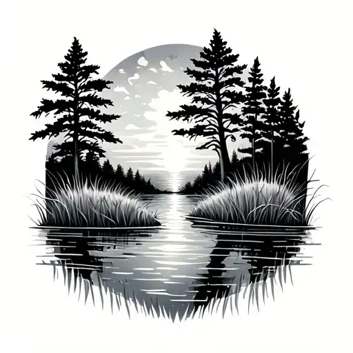 water and tall grass with trees and sunset  tattoo design idea