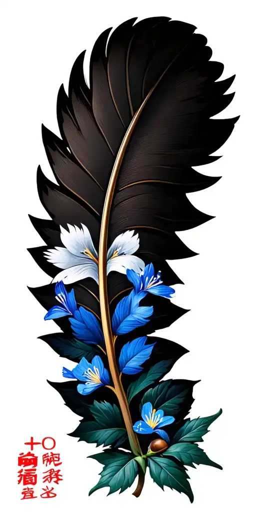 white tailed eagle feather. English oak leaves and acorns. bluebell flowers. Hong Kong flag around elbow tattoo design idea