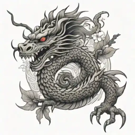 Japanese dragon intertwined with a Aztec dragon with a blossom tree and macuahuitl tattoo design idea