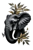 elephant head adorned with hazel leaf intertwined tattoo design idea