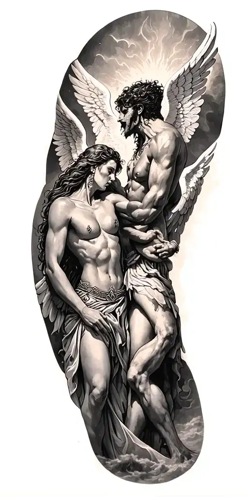 heaven vs hell theme with angels and demons fighting tattoo design idea