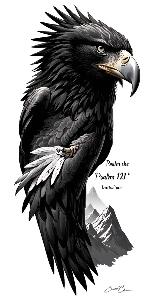 psalm 121 with a mountain range with a bald eagle tattoo design idea