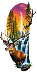mule deer head trees as branches and waterfall coming tattoo design idea