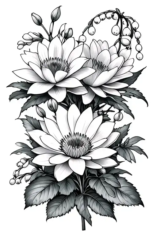 Waterlillies;  roses; lily of the valley flowers; aster flower; marigold flower: dark background sleeve  tattoo design idea