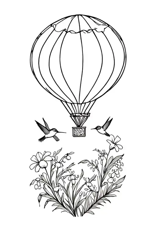 small hot air ballon mountains small humming birds pine tree iris daffodils lily of the valley lighting  tattoo design idea