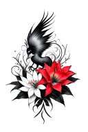 multiple fine line lotus and red Lilly spider flowers intertwined and phoenix intertwined  tattoo design idea