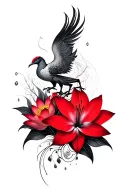 multiple fine line lotus and red Lilly spider flowers intertwined and phoenix intertwined  tattoo design idea