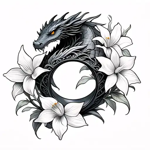 wedding ring, dragon silluette, and daffodil flowers tattoo design idea