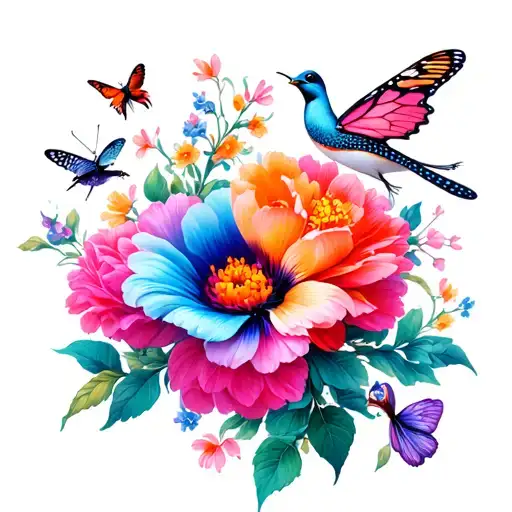 Pretty and feminine with pink purple orange type color palette, flowers maybe birds or dragon flies or butterflies uniqu tattoo design idea