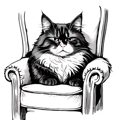 tattoo sketch, fluffy black and white fat cat sits under a chair with a displeased expression on his face tattoo design idea