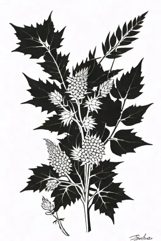 birch leaves, quaking-grass, thistle and ferns tattoo design idea