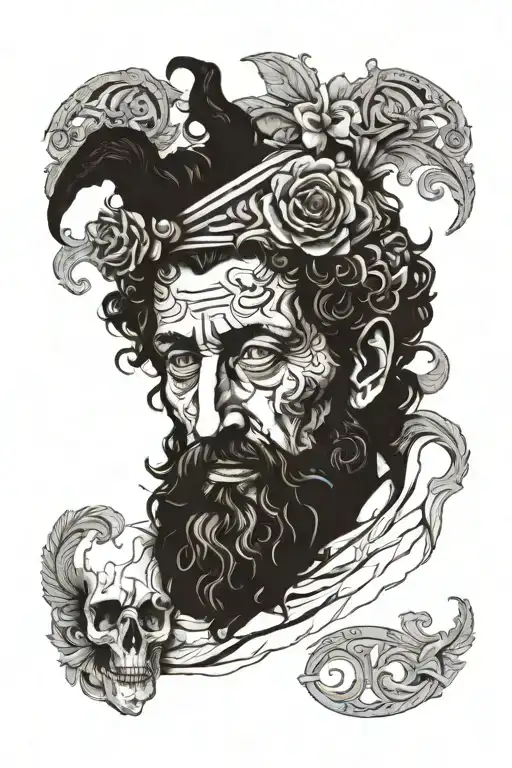 marcus aurelius partial face with stoicism symbols including memento mori tattoo design idea