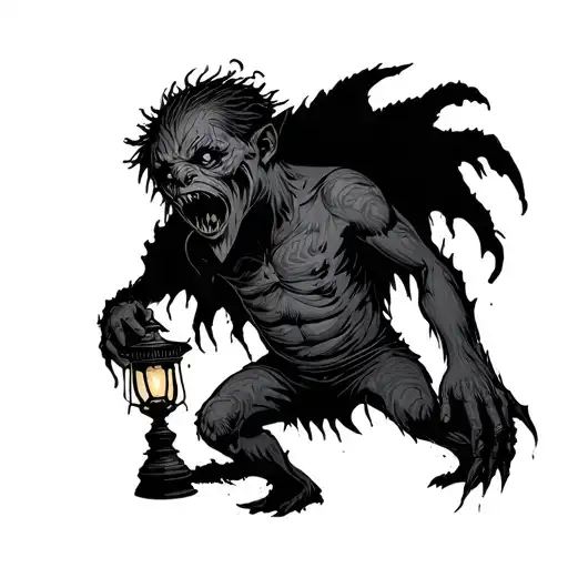 the monster scares the boy from the side, the boy, the monster is black, but the boy is not afraid, he holds a lamp in his hands tattoo design idea
