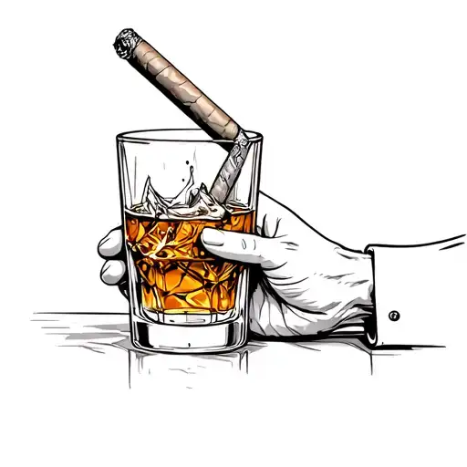 a glass of whiskey with a cigar on the glass and a hand holding the glass  tattoo design idea