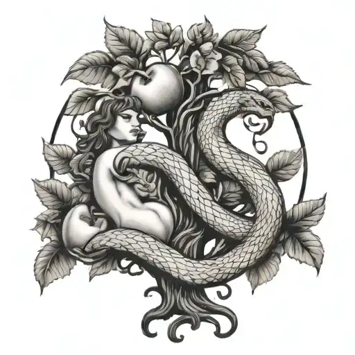 apple and snake , Adam and Eve tree of life tattoo design idea