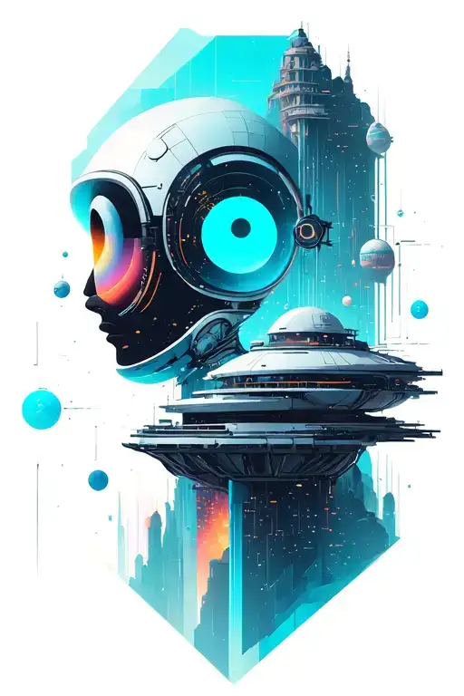 A geometric space landscape inspired by technology incorporating a small amount of cyan tattoo design idea