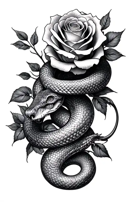 open face roses and snake tattoo design idea