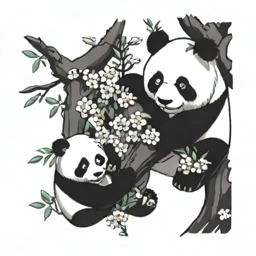 cherry blossem tree and 4 baby pandas playing under it tattoo design idea