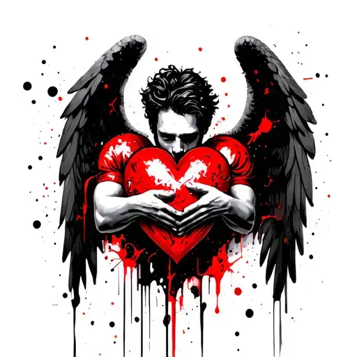 fallen male angel holding a heart tattoo design idea