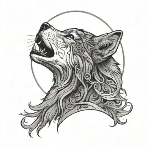 Wolf howling at moon with a female Indian woman spirit dancing tattoo design idea