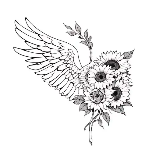 sunflowers roses and angel wing tattoo design idea