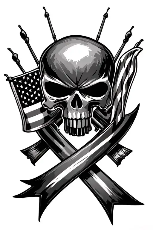 punisher skull and rebel flags ribbon action tattoo design idea