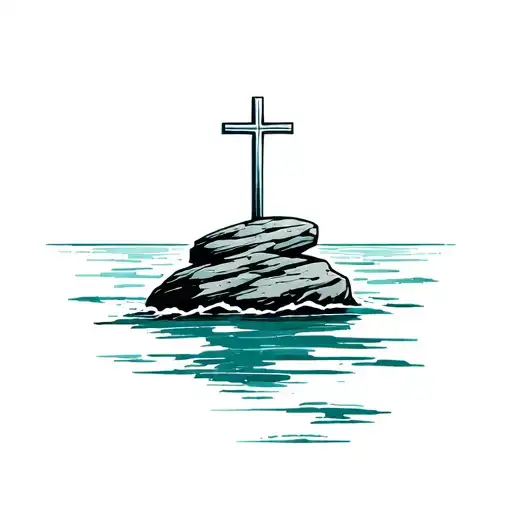 Cross standing on a stone in the sea tattoo design idea