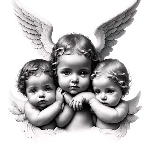 Realism piece . Of 3 little angels (cherubs) Portrait style . Baby faces and angel wings . See no evil . Speak no evil.  tattoo design idea